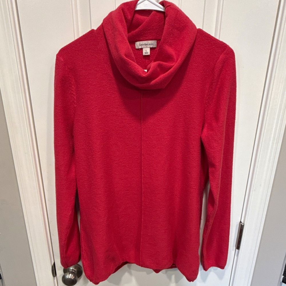 Calvin Klein Jeans Women's Red Knit Cowl Neck Long Sleeve Sweater Size L